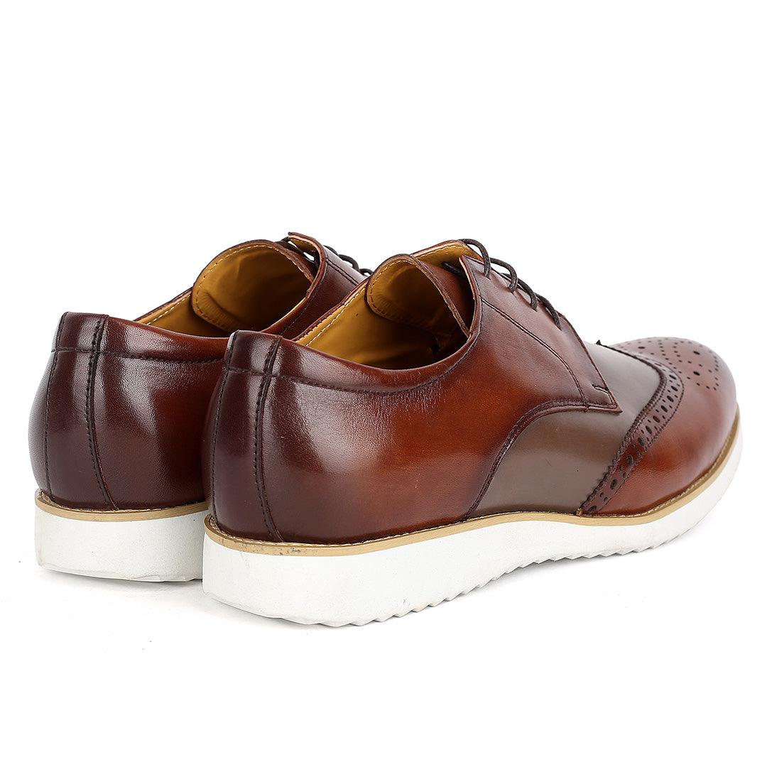 John Mendson Classy Men's Brown Perforated Designed Shoe With Solid White Sole - Obeezi.com