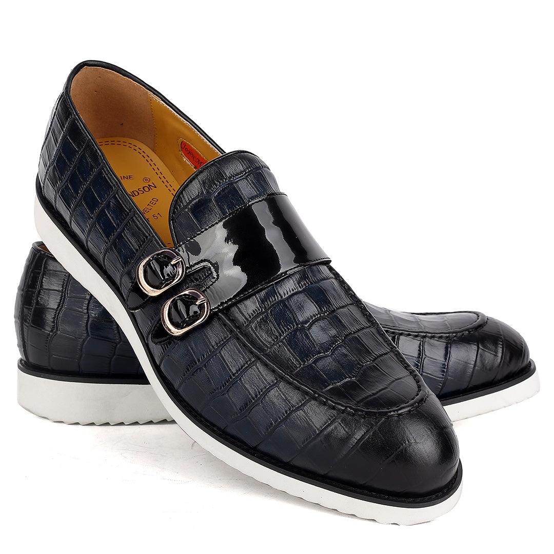 John Mendson Classy Navy-Blue Croc Leather With Glossy Double Strap Design And White Sole - Obeezi.com