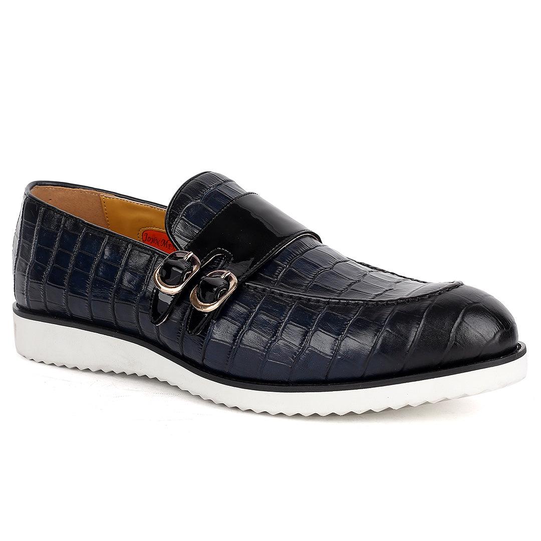 John Mendson Classy Navy-Blue Croc Leather With Glossy Double Strap Design And White Sole - Obeezi.com