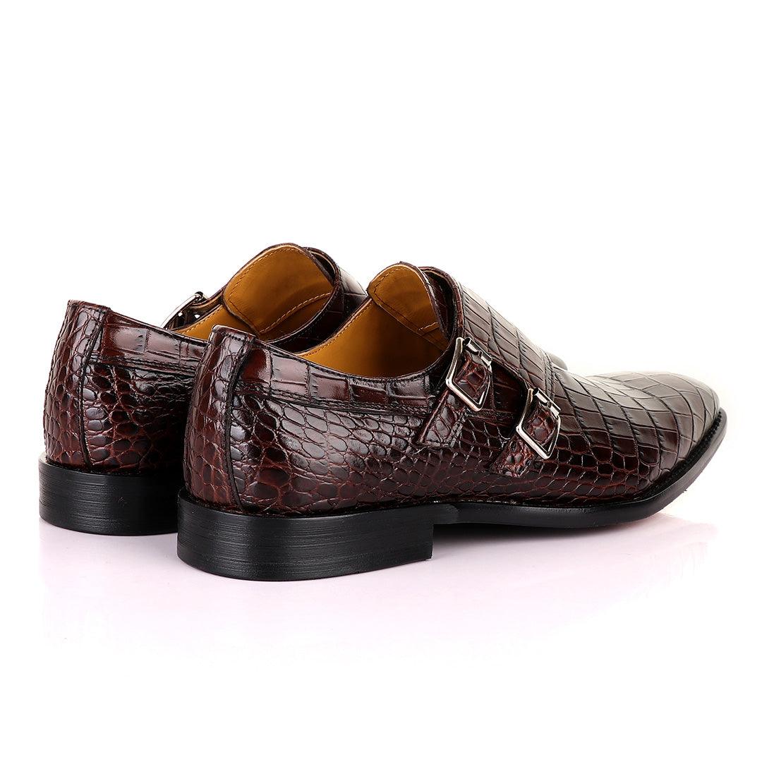 John Mendson Coffee Brown Double Monk Strap Croc Leather Shoe - Obeezi.com