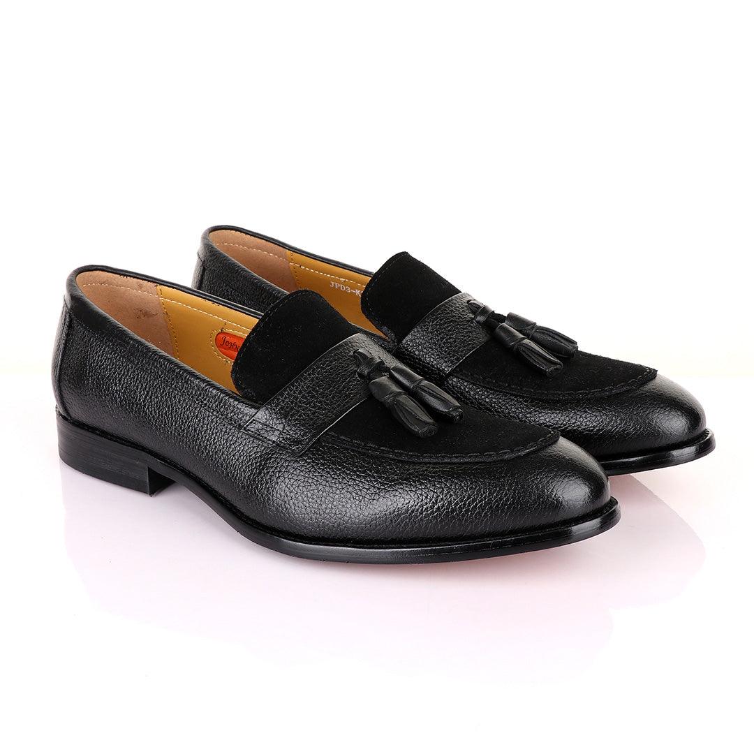 John Mendson Crafted Black and Suede tassel Loafers Shoe - Obeezi.com