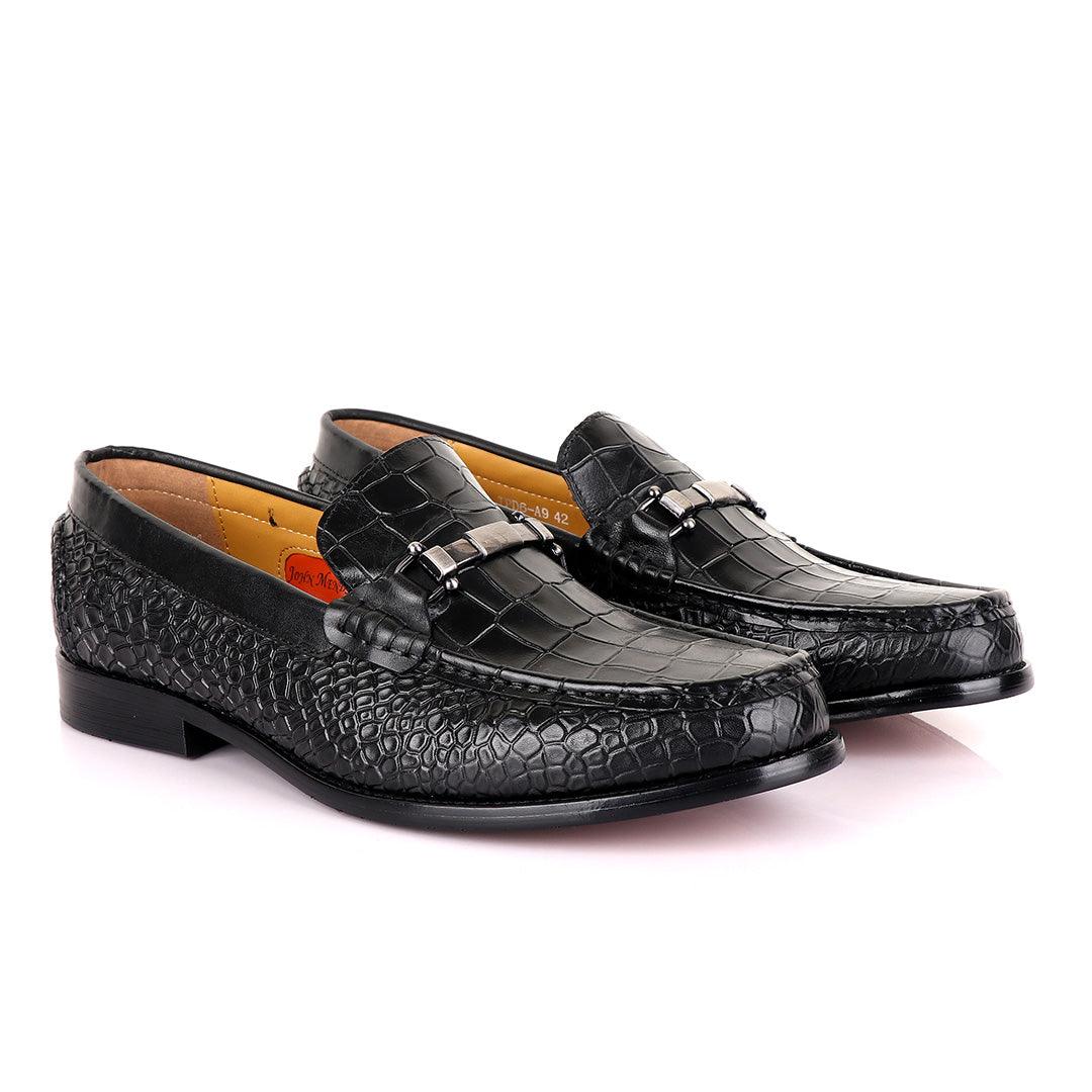 John Mendson Croc Skin Black Loafers - Obeezi.com