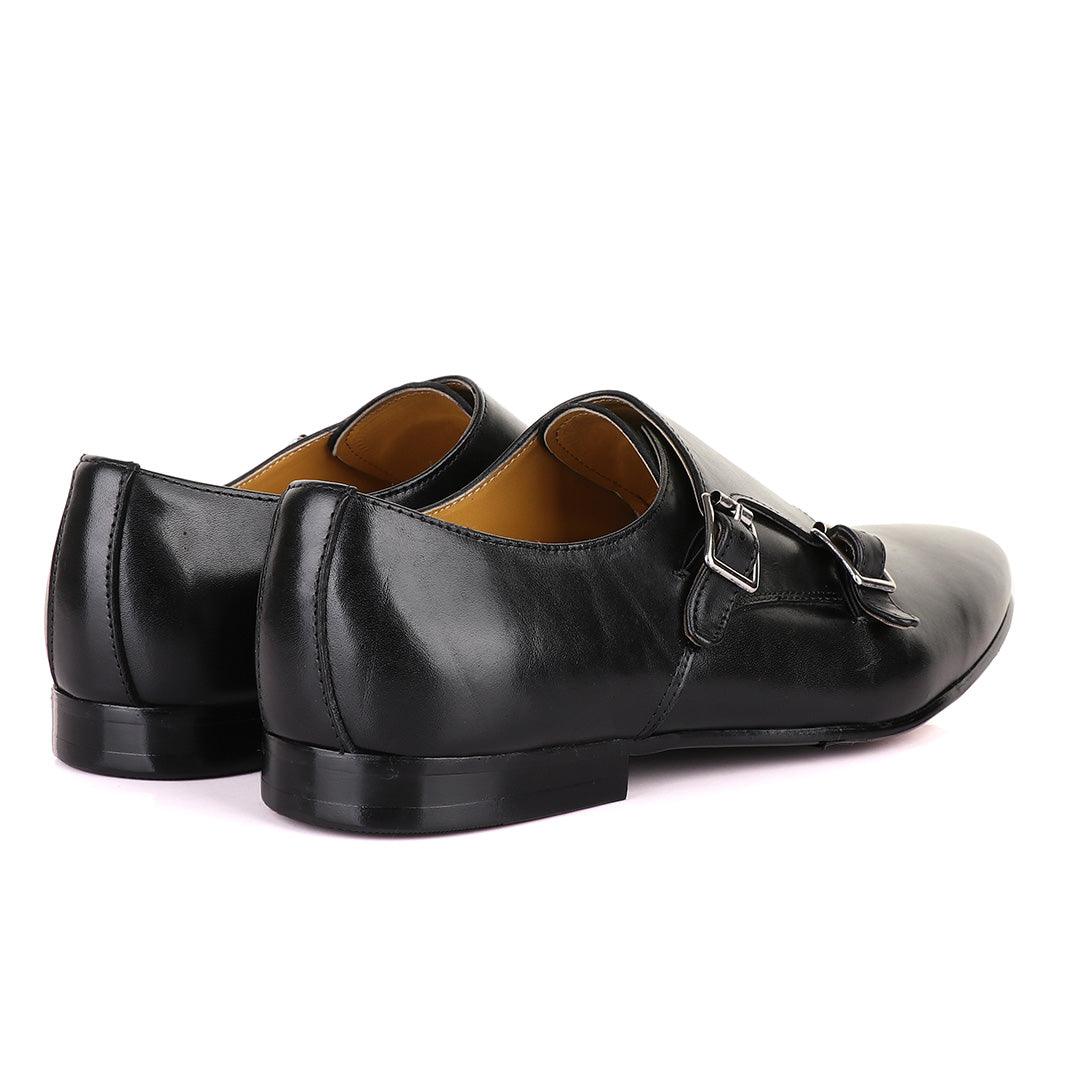 John Mendson Double Monk Strap Plain Black Leather Shoe - Obeezi.com