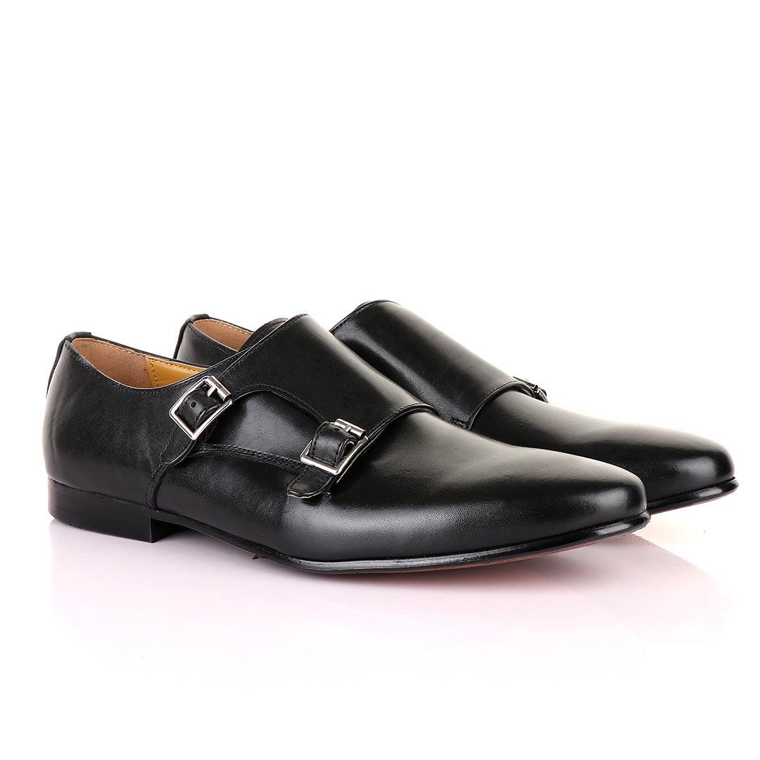 John Mendson Double Monk Strap Plain Black Leather Shoe - Obeezi.com