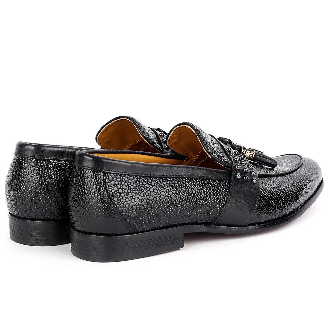 John Mendson Executive Black Croc Leather Loafers Shoe With Silver Logo Design - Obeezi.com