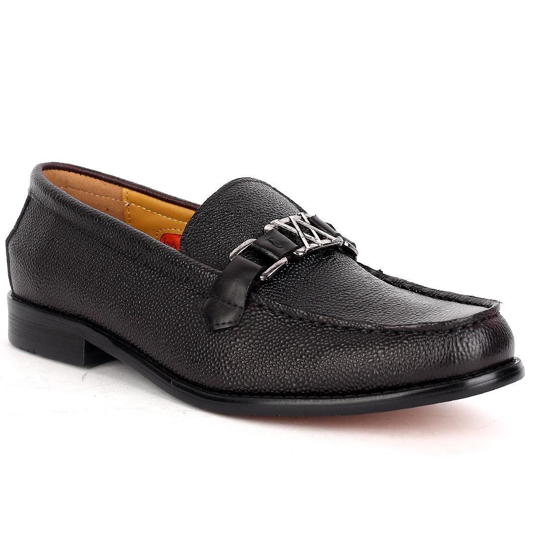John Mendson Executive Black Croc Leather Loafers Shoe With Silver Logo Design - Obeezi.com