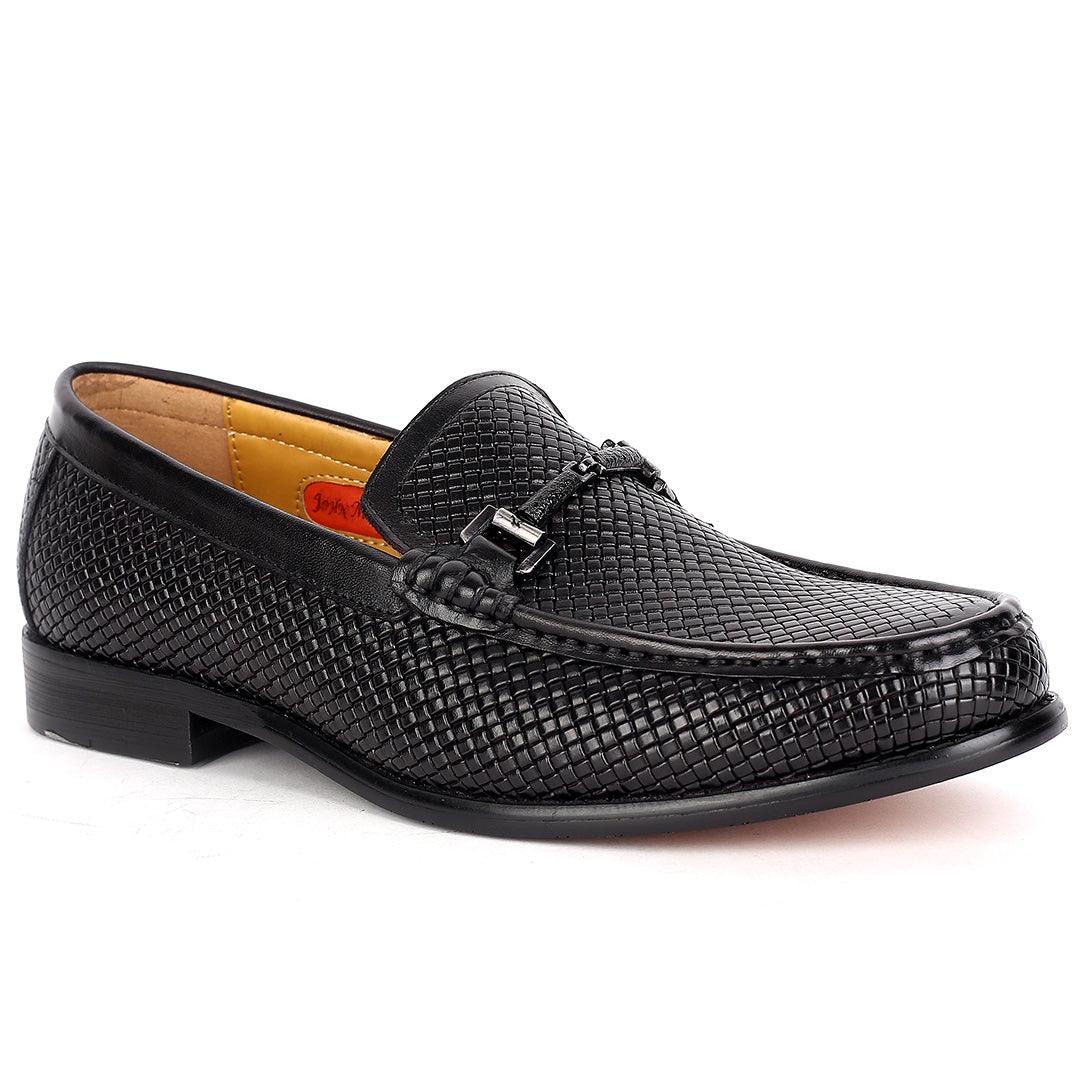 John Mendson Exquisite Black Woven Designed Loafers Shoe With Black Metal Chain Design - Obeezi.com