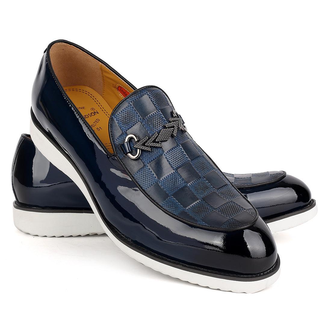 John Mendson Glossy Leather Checkered Arrow Chain Men's Shoe-Royal Blue - Obeezi.com