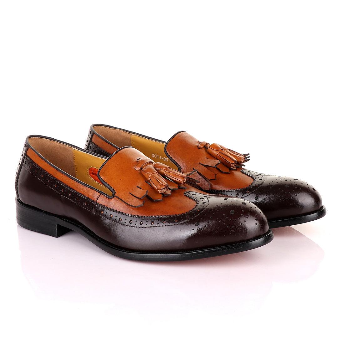 John Mendson Lace brogues Brown Leather Tassel Loafers - Obeezi.com