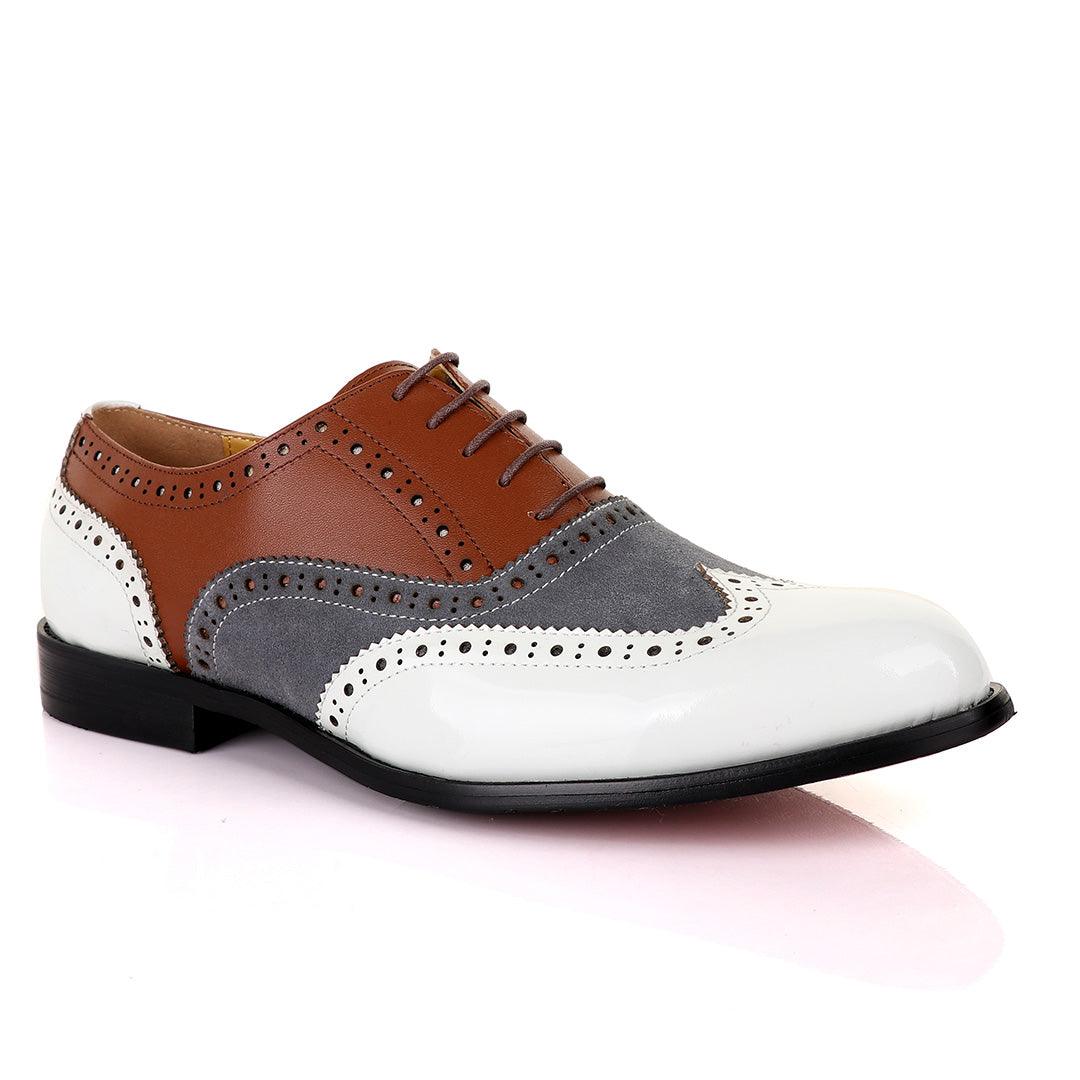 John Mendson Oxford Lace Up White Grey and Brown Shoes - Obeezi.com