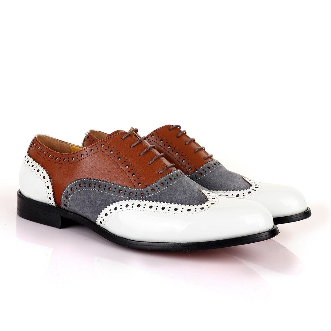 John Mendson Oxford Lace Up White Grey and Brown Shoes - Obeezi.com