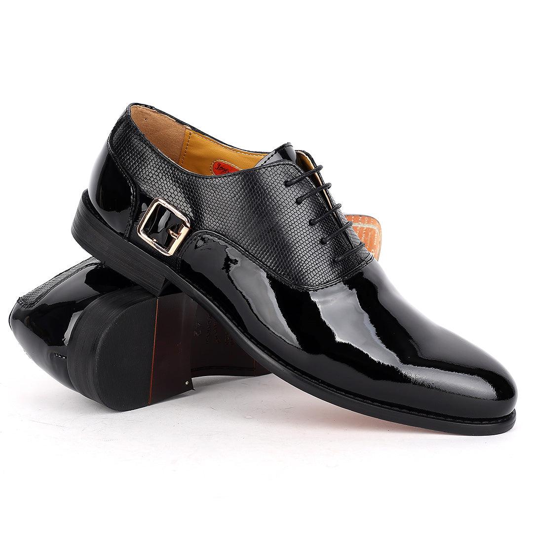 John Mendson Royal Glossy Black Leather Shoe With Side Belt Design - Obeezi.com