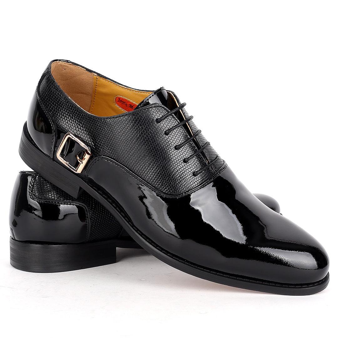 John Mendson Royal Glossy Black Leather Shoe With Side Belt Design - Obeezi.com
