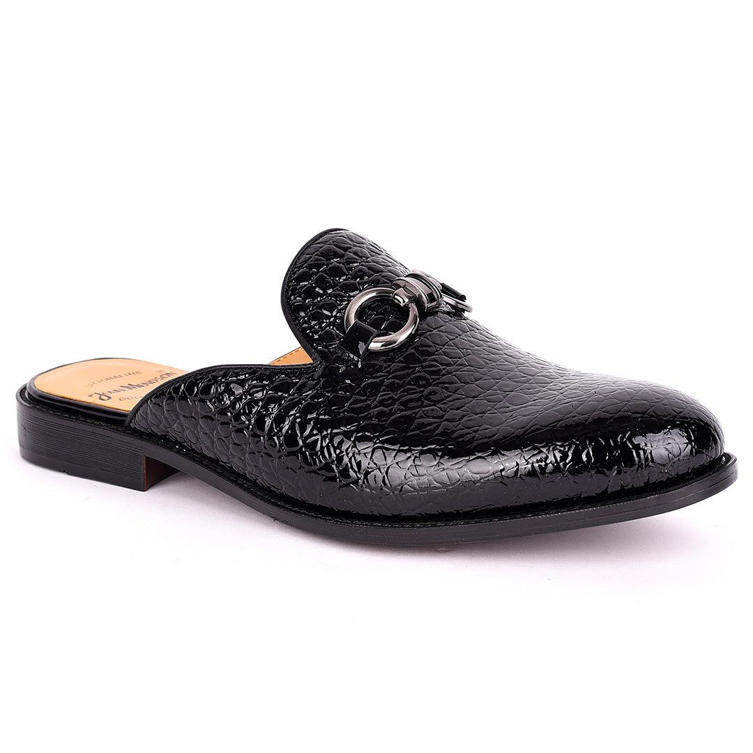 John Mendson Silver Chain Design Glossy Croc Leather Men's Half Shoe- Black - Obeezi.com