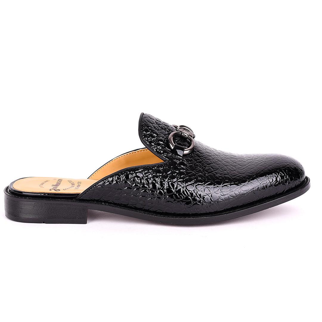 John Mendson Silver Chain Design Glossy Croc Leather Men's Half Shoe- Black - Obeezi.com