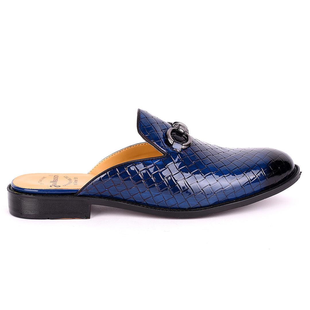 John Mendson Silver Chain Design Glossy Croc Leather Men's Half Shoe- Blue - Obeezi.com
