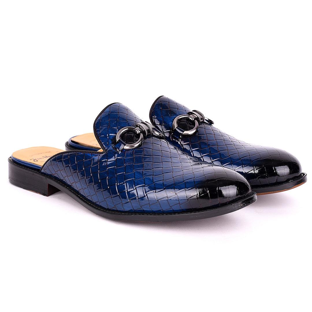 John Mendson Silver Chain Design Glossy Croc Leather Men's Half Shoe- Blue - Obeezi.com