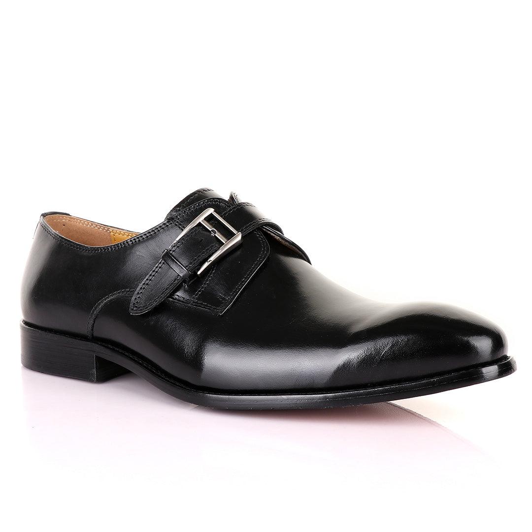 John Mendson Single Strap Buckle Plain Leather Black Shoe - Obeezi.com