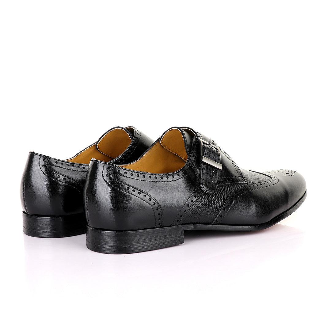 John Mendson Single Strap Lace Brogues Buckle Leather Black Shoe - Obeezi.com