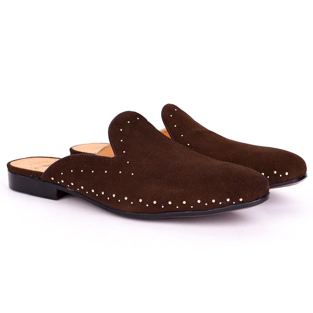 John Mendson Welted Stoned Men's Suede Leather Half Shoe- Coffee - Obeezi.com