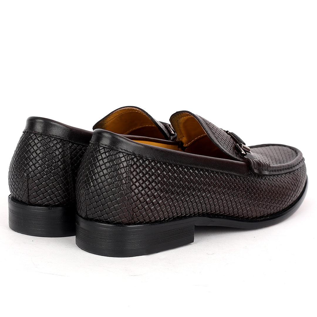 John Mendson Woven Designed Loafers With Black Metal Design- Coffee - Obeezi.com