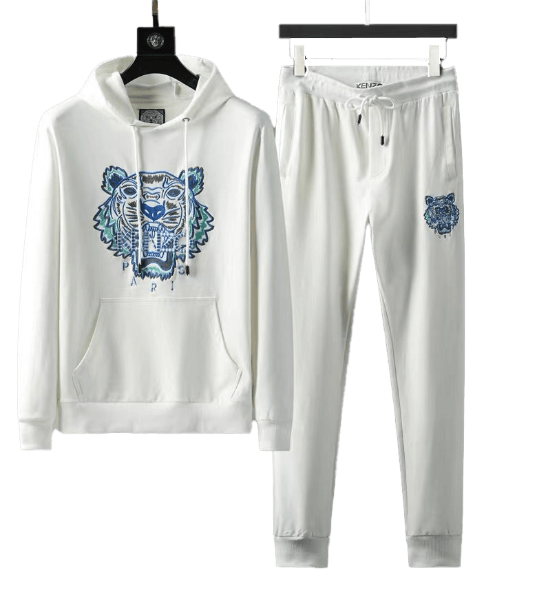 Kenz Paris Full Embroidered Tiger Head Hooded Tracksuit - White - Obeezi.com