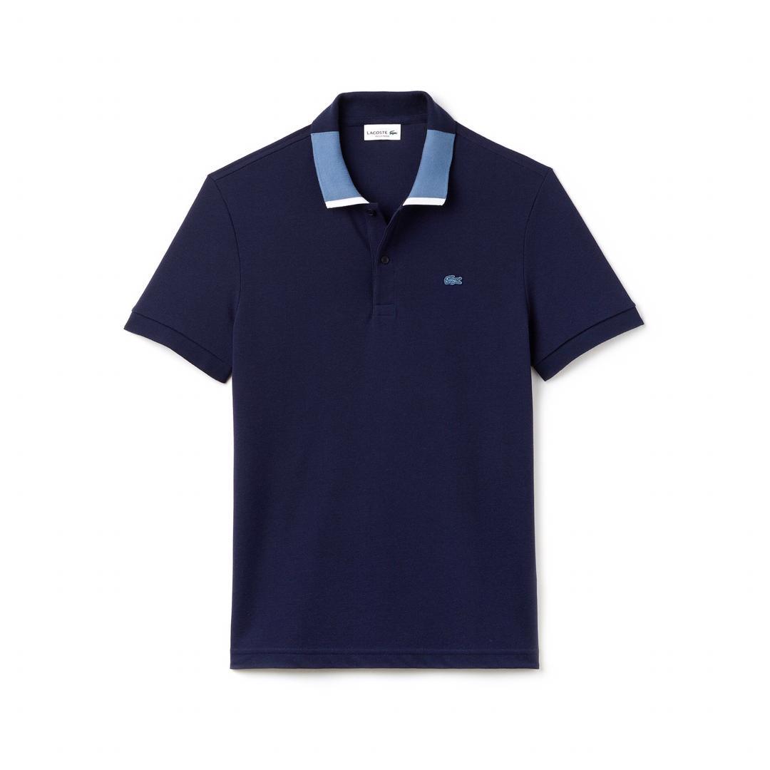Lacoste Crested Logo Navy Blue With Light Blue Colar Polo Shirt - Obeezi.com