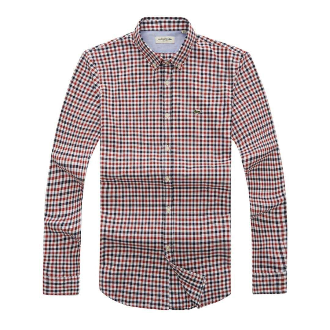 Lacoste Long sleeve Button-Down Crest logo Dark Red Longsleeve Shirt - Obeezi.com