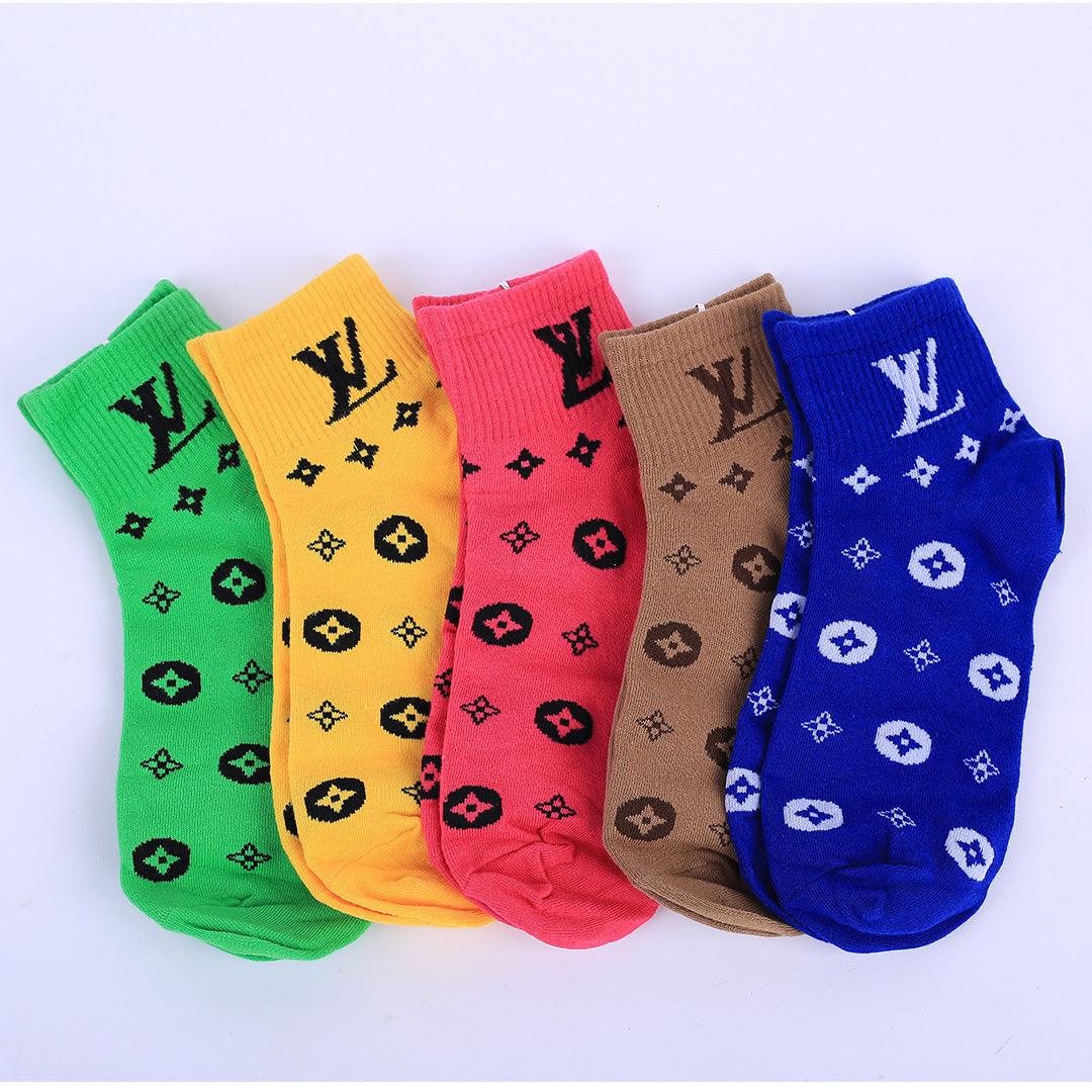 Lou 5 In 1 Cotton Logo Designed Blue, Brown, Pink, Lemon And Yellow Ankle Socks - Obeezi.com