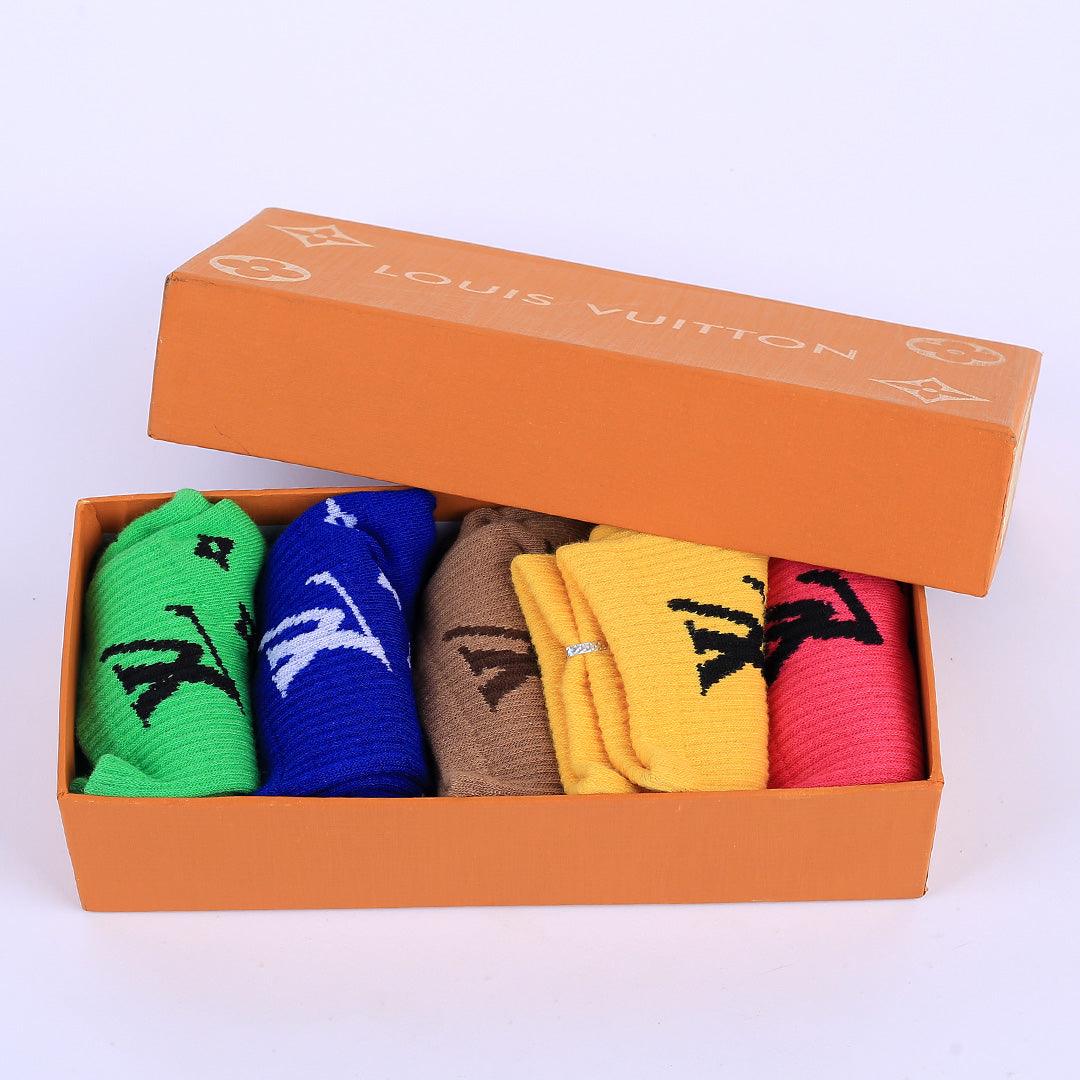 Lou 5 In 1 Cotton Logo Designed Blue, Brown, Pink, Lemon And Yellow Ankle Socks - Obeezi.com
