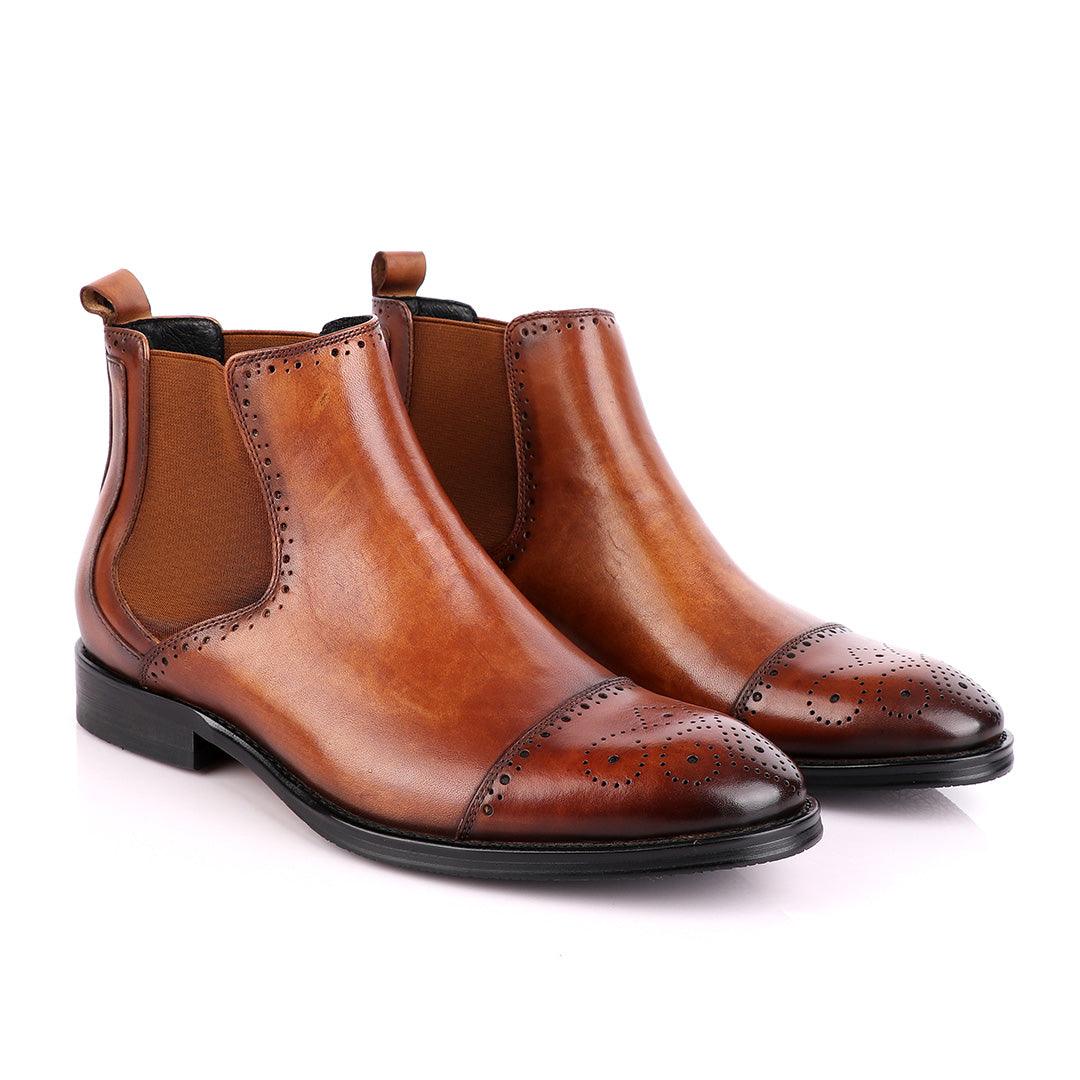 Massimo Dutti High tops Brogues Leather Chelsea Brown Boot - Obeezi.com