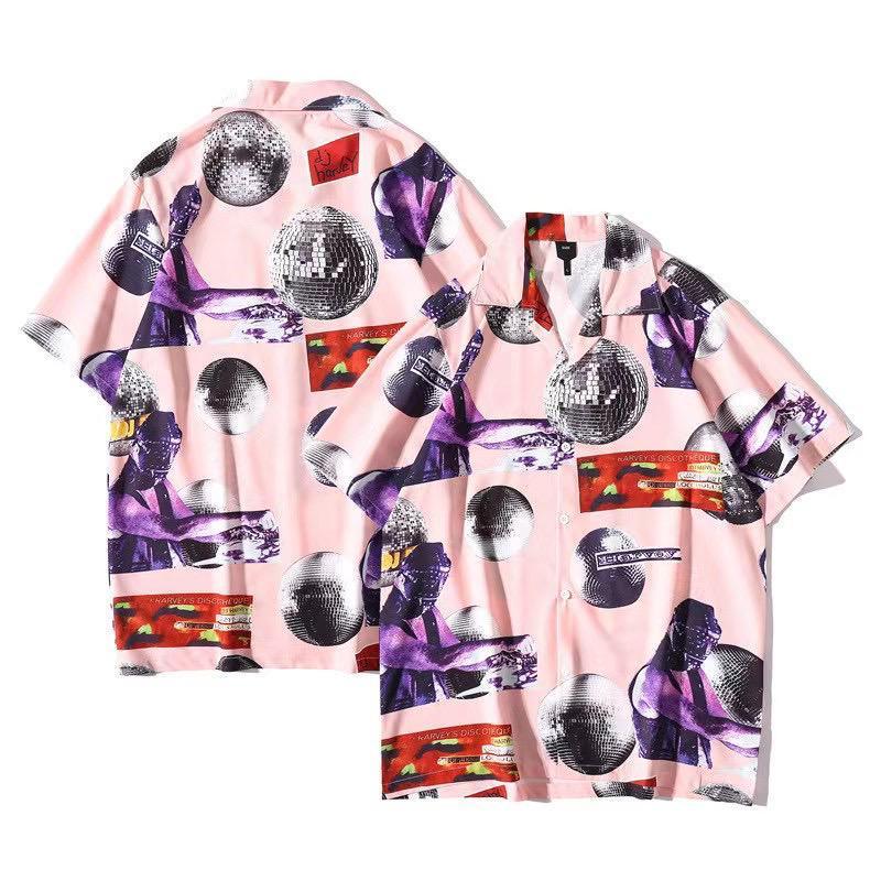 Men's Classic Disco Ball Designed Aloha Shirt -Pink - Obeezi.com