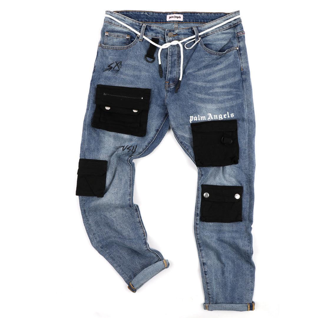 Men's Detachable Pocket Urban Styled Denim Jeans- Blue - Obeezi.com