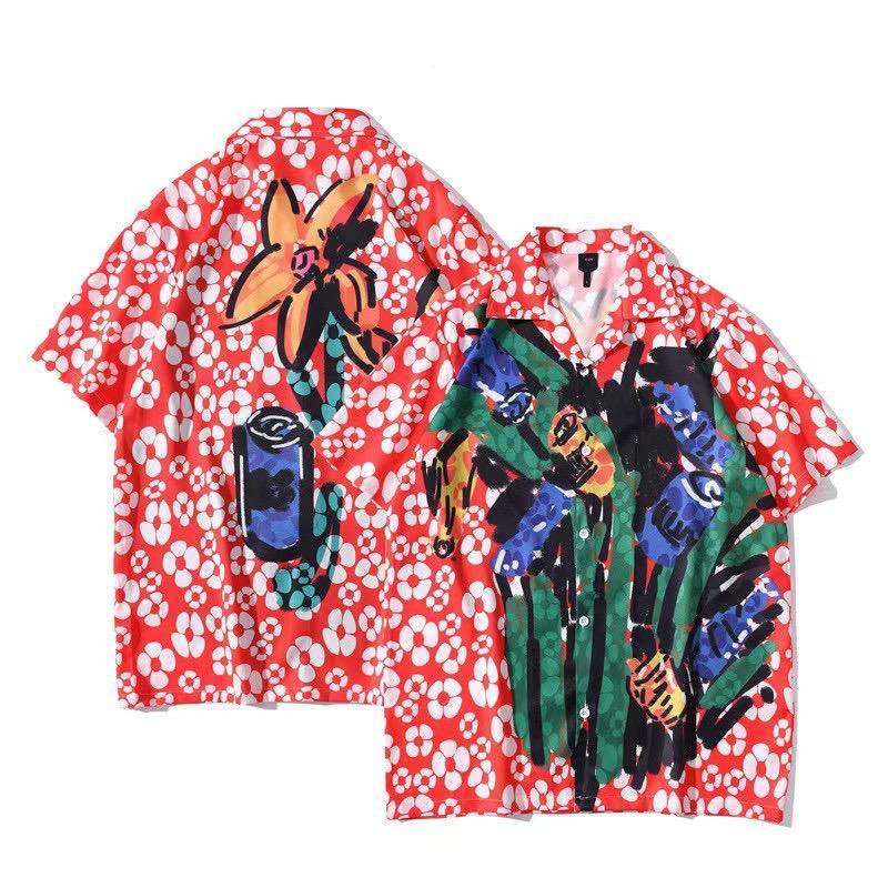 Men's Flower Art Designed Aloha Shirt - Red - Obeezi.com