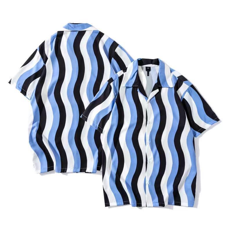 Men's Short Sleeves Blue, White And Black Stripes Casual Hawaiian Shirt - Obeezi.com