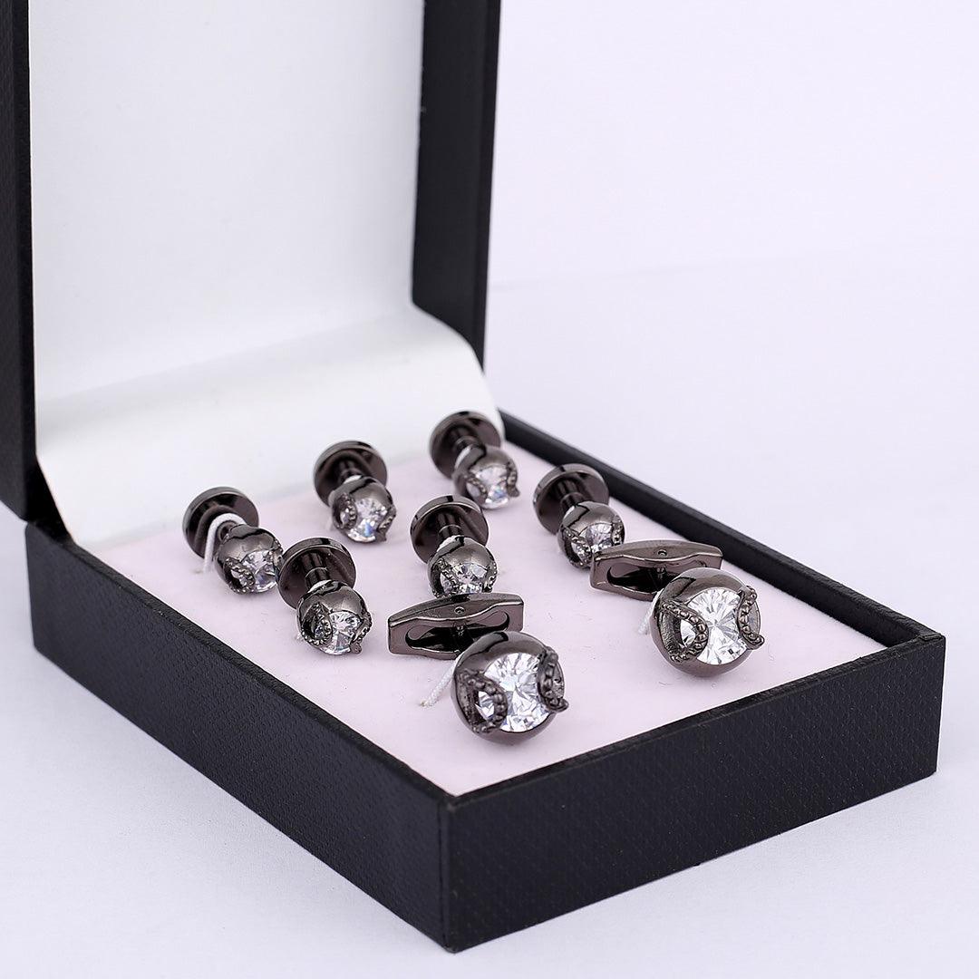 Men's Silver Crystal Designed Cufflinks And Button Set - Obeezi.com