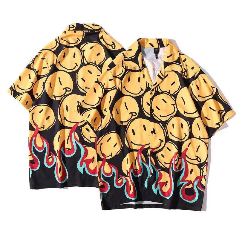 Men's Smiley Emoji Designed Aloha Shirt - Yellow - Obeezi.com