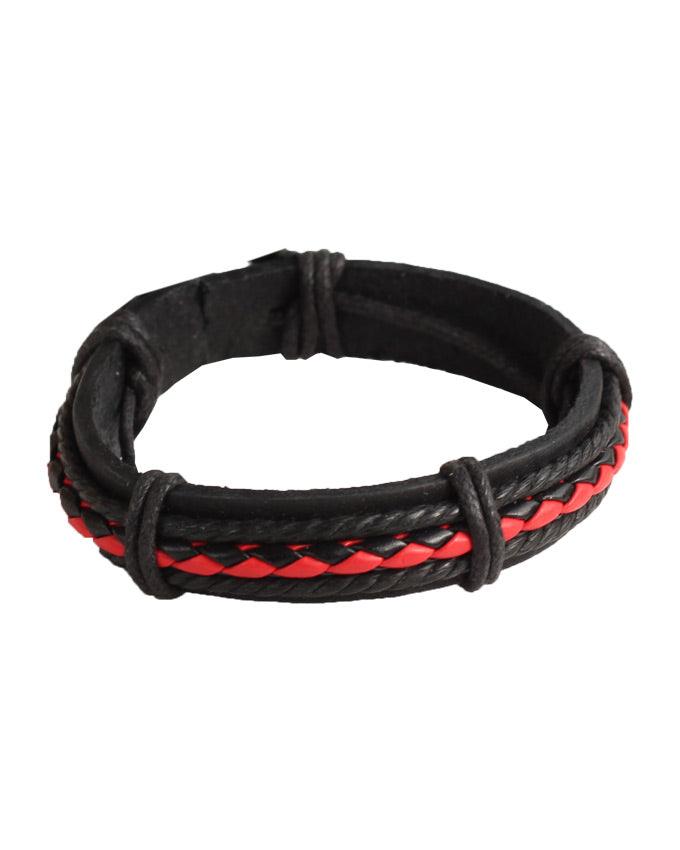 Mens Red and Black Leather Braided Bracelet - Obeezi.com