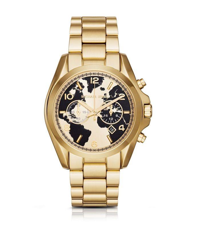 Michael Kors Bradshaw Gold Black Chronograph Globe Dial Watch MK5696 - Obeezi.com