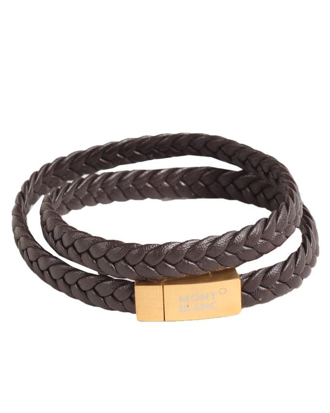 Mont Blanc gold head 2 Pack dark brown plaited leather bracelet - Obeezi.com