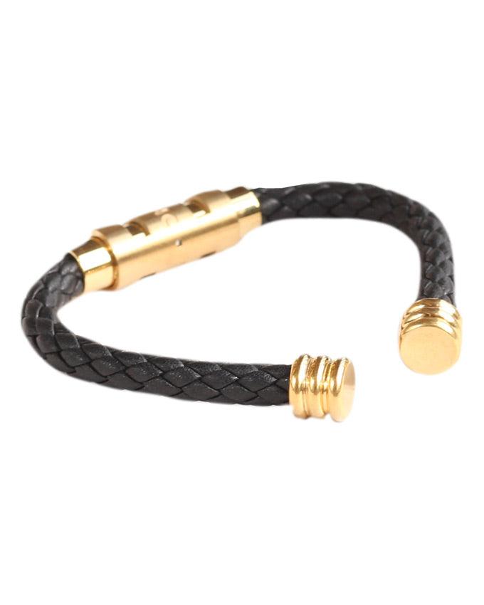 Mont blanc gold head black woven pliated men's leather bracelet - Obeezi.com
