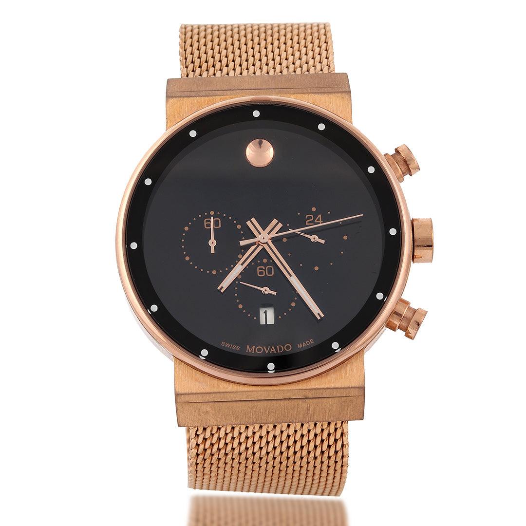 Movado Museum Classic Rose Gold Watch With Black Dial, Rose Gold Accents And Rose Gold Straps - Obeezi.com
