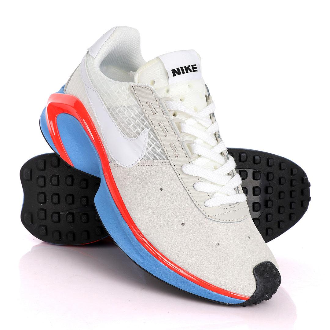 NK D/MS/X Waffle Beige Sneakers With Classic Red And Blue Designs - Obeezi.com