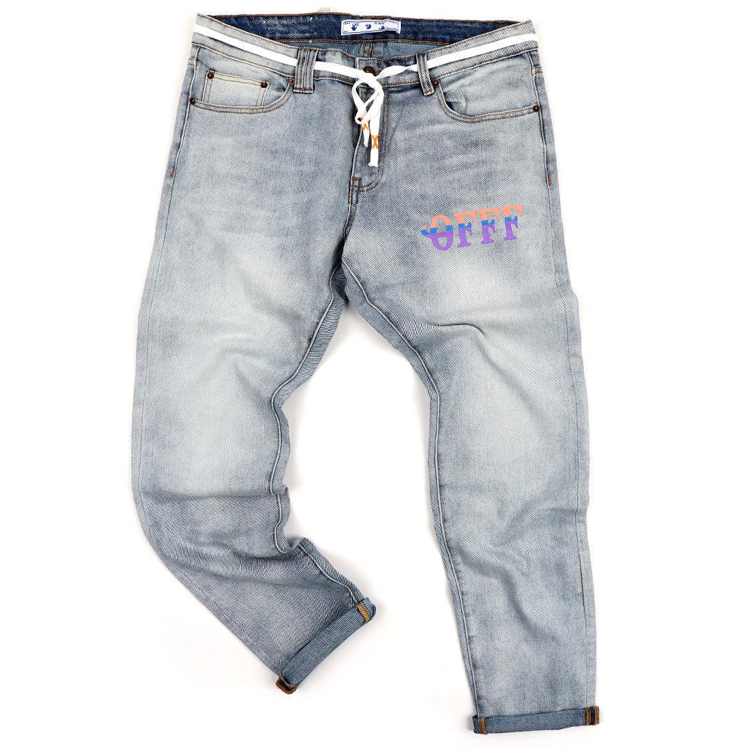 O.W Virgil Abloh Collection Denim Label Jeans- Blue - Obeezi.com