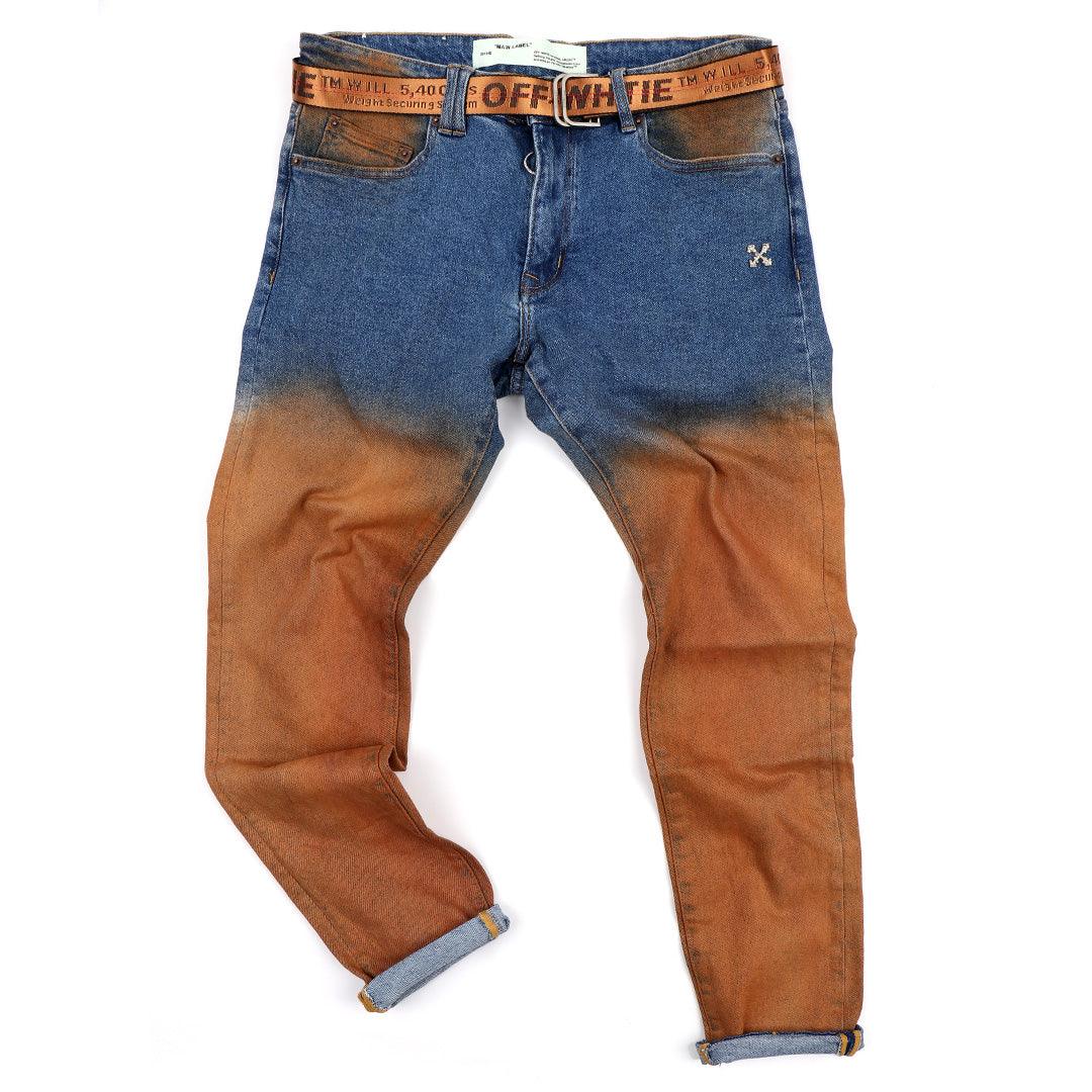 O.W Virgil Abloh Collection Two-Toned Executive Denim Label Jeans- Blue - Obeezi.com