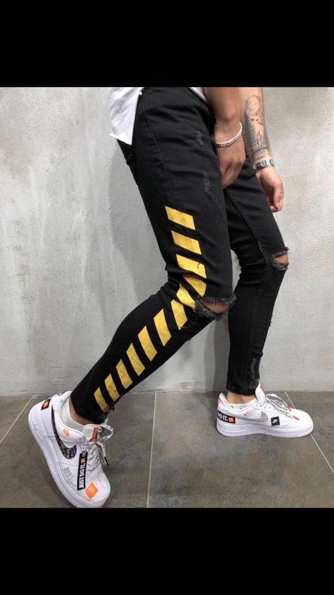 OfF-white Simple Ribbed Black crested yellow Jean Trouser - Obeezi.com