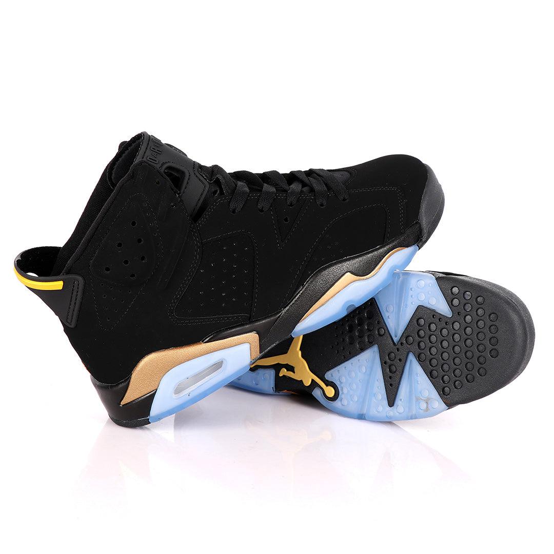 Original Air Jordan 6 Retro Black Suede Sneakers With Classic Gold And Blue Designs - Obeezi.com