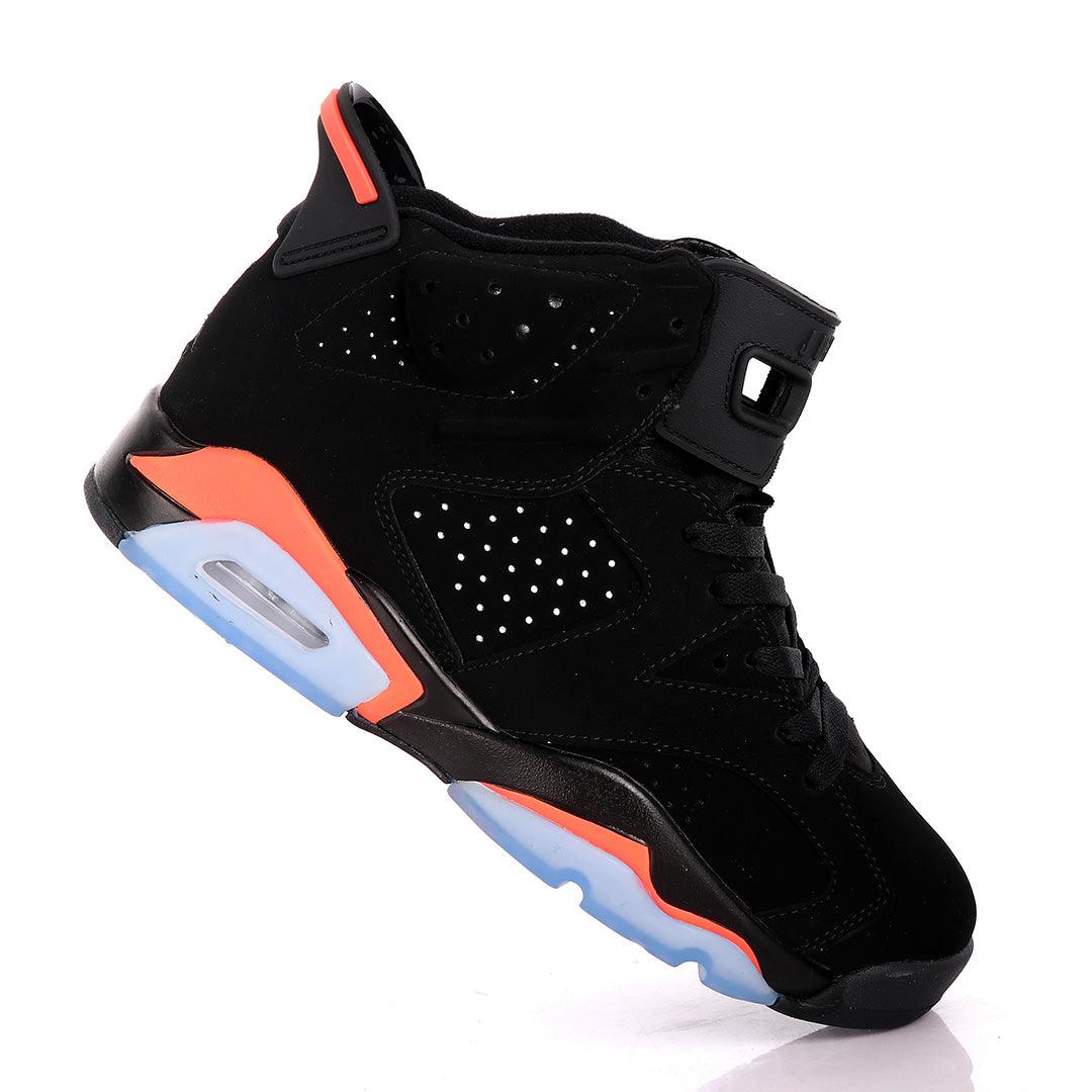 Original Air Jordan 6 Retro Black Suede Sneakers With Orange And Blue Designs - Obeezi.com