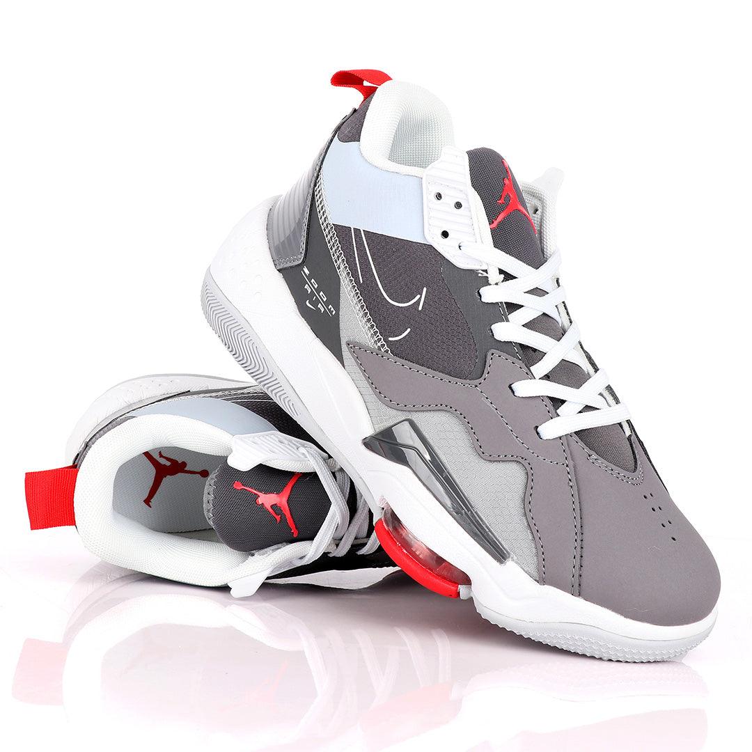 Original Air Jordan Zoom Grey And White Sneakers With Classic Red Designs - Obeezi.com