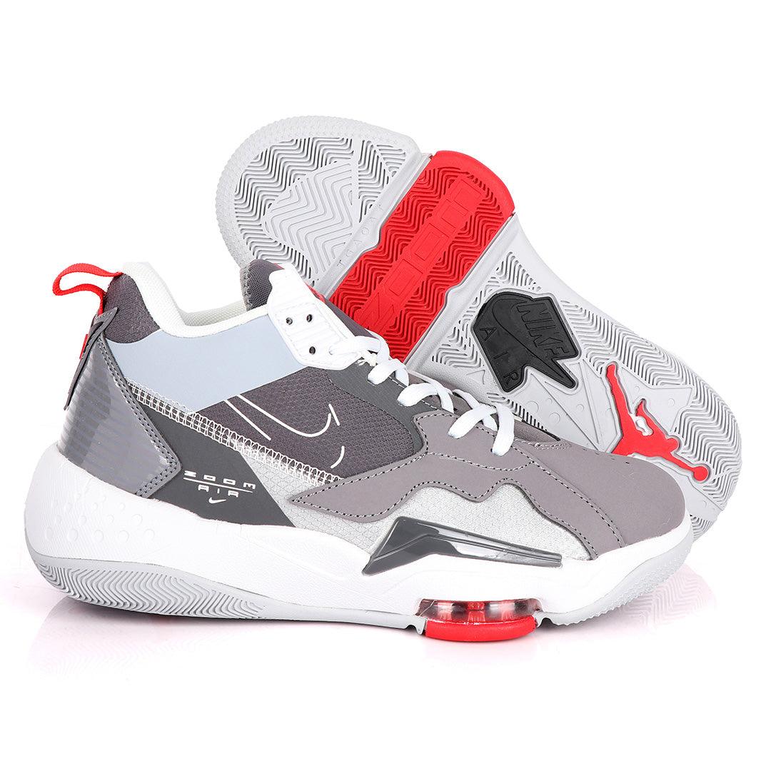 Original Air Jordan Zoom Grey And White Sneakers With Classic Red Designs - Obeezi.com